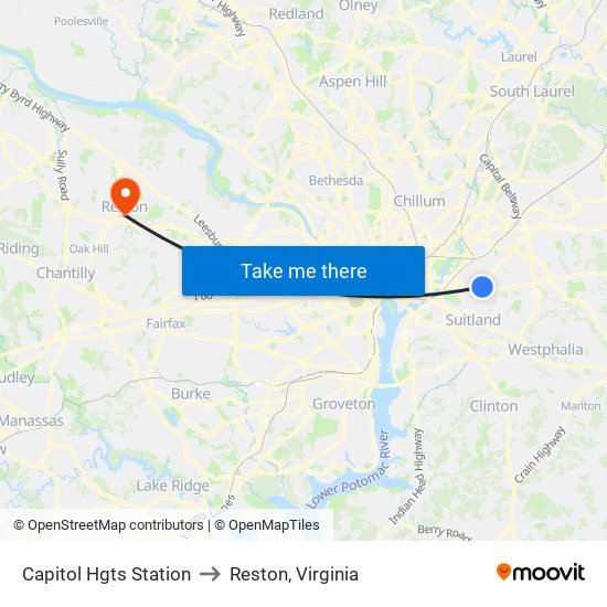 Capitol Hgts Station to Reston, Virginia map