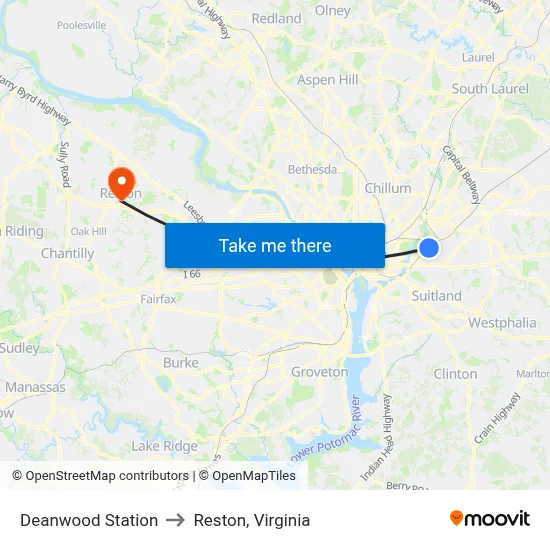 Deanwood Station to Reston, Virginia map