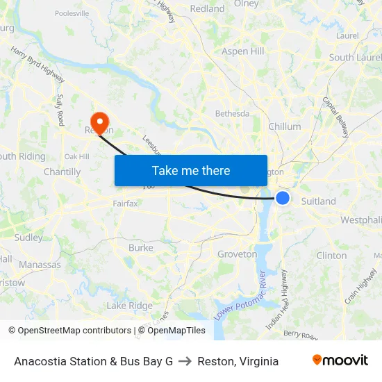 Anacostia Station & Bus Bay G to Reston, Virginia map