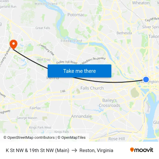 K St NW & 19th St NW (Main) to Reston, Virginia map