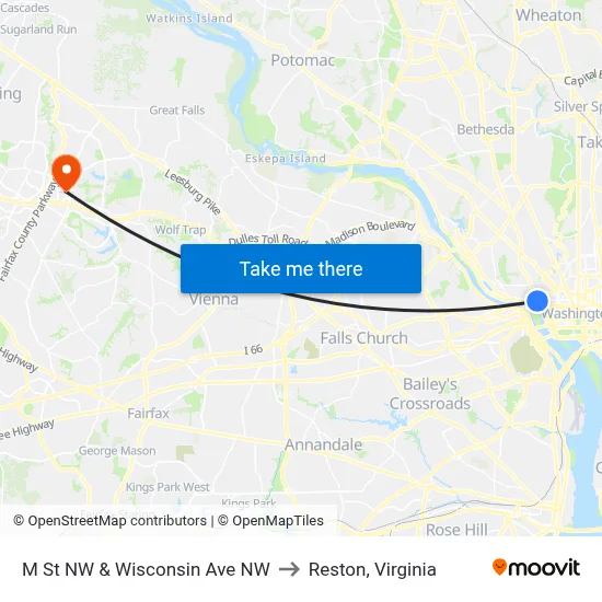 M St NW & Wisconsin Ave NW to Reston, Virginia map
