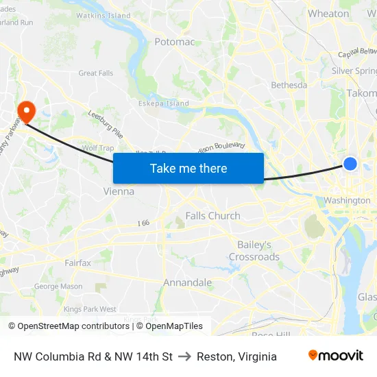 NW Columbia Rd & NW 14th St to Reston, Virginia map