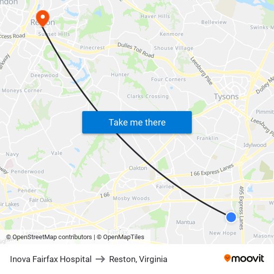Inova Fairfax Hospital to Reston, Virginia map