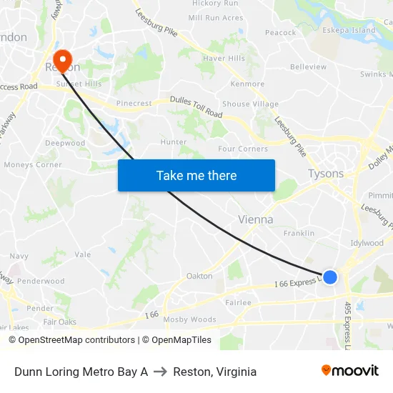 Dunn Loring Metro Bay A to Reston, Virginia map
