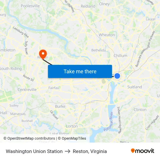 Washington Union Station to Reston, Virginia map
