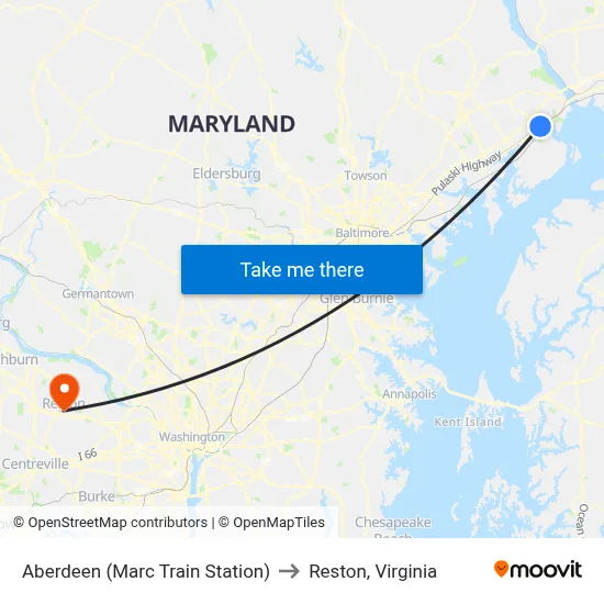 Aberdeen (Marc Train Station) to Reston, Virginia map