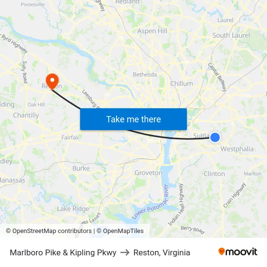 Marlboro Pike & Kipling Pkwy to Reston, Virginia map