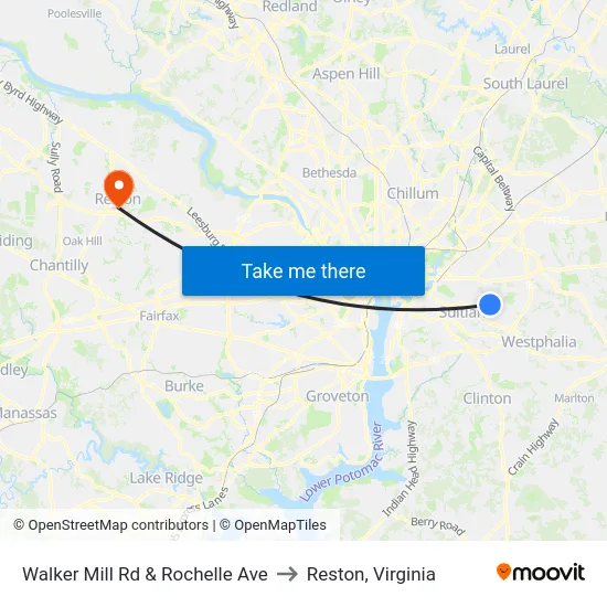 Walker Mill Rd & Rochelle Ave to Reston, Virginia map