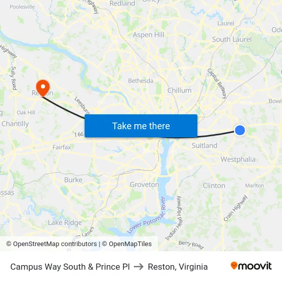 Campus Way South & Prince Pl to Reston, Virginia map