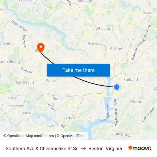 Southern Ave & Chesapeake St Se to Reston, Virginia map