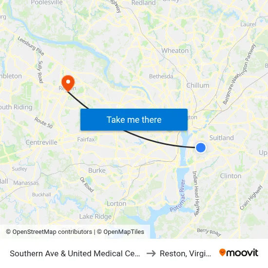 Southern Ave & United Medical Cente to Reston, Virginia map