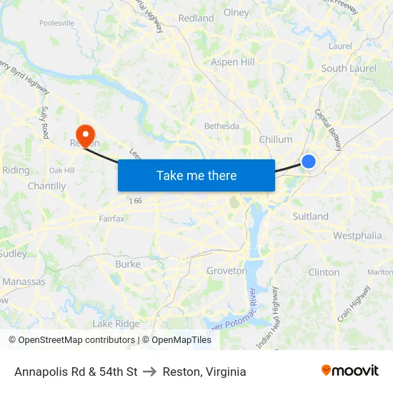 Annapolis Rd & 54th St to Reston, Virginia map