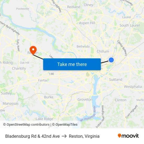Bladensburg Rd & 42nd Ave to Reston, Virginia map