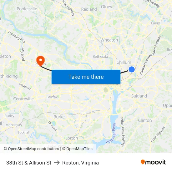 38th St & Allison St to Reston, Virginia map