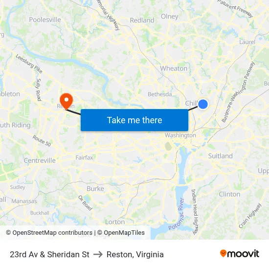 23rd Av & Sheridan St to Reston, Virginia map