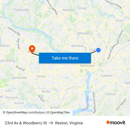 23rd Av & Woodberry St to Reston, Virginia map