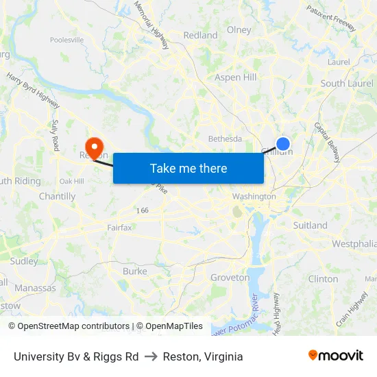 University Bv & Riggs Rd to Reston, Virginia map
