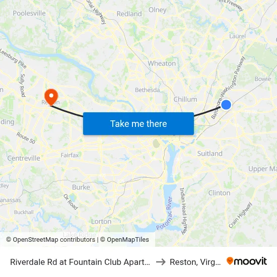 Riverdale Rd at Fountain Club Apartments to Reston, Virginia map
