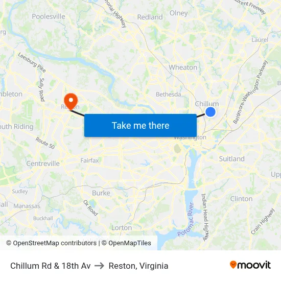 Chillum Rd & 18th Av to Reston, Virginia map