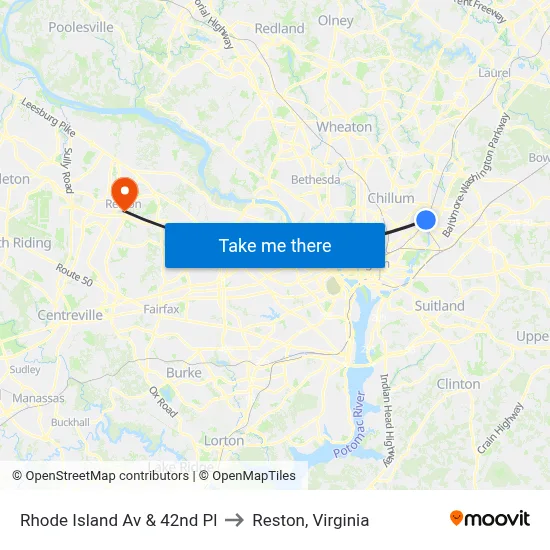 Rhode Island Av & 42nd Pl to Reston, Virginia map