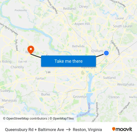 Queensbury Rd + Baltimore Ave to Reston, Virginia map