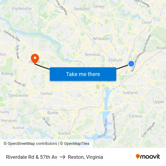 Riverdale Rd & 57th Av to Reston, Virginia map