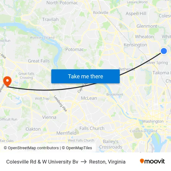 Colesville Rd & W University Bv to Reston, Virginia map