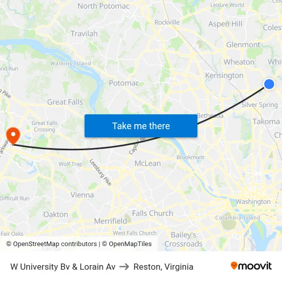 W University Bv & Lorain Av to Reston, Virginia map
