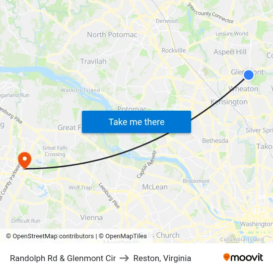 Randolph Rd & Glenmont Cir to Reston, Virginia map