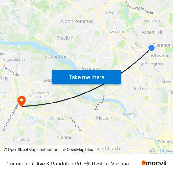 Connecticut Ave & Randolph Rd to Reston, Virginia map