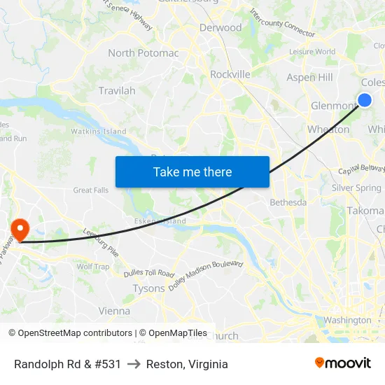 Randolph Rd & #531 to Reston, Virginia map