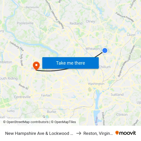 New Hampshire Ave & Lockwood Dr to Reston, Virginia map