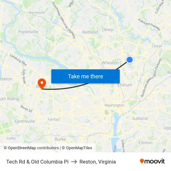 Tech Rd & Old Columbia Pi to Reston, Virginia map