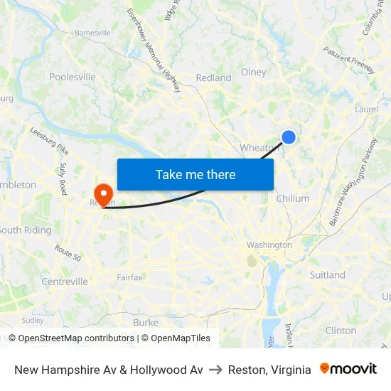 New Hampshire Av & Hollywood Av to Reston, Virginia map