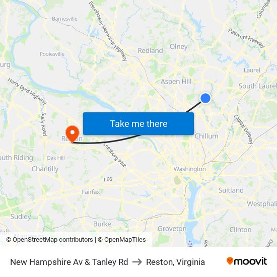 New Hampshire Av & Tanley Rd to Reston, Virginia map