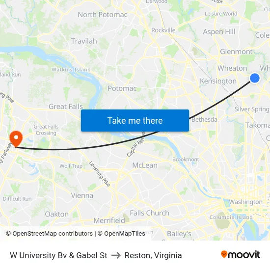 W University Bv & Gabel St to Reston, Virginia map