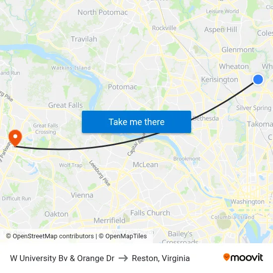 W University Bv & Orange Dr to Reston, Virginia map