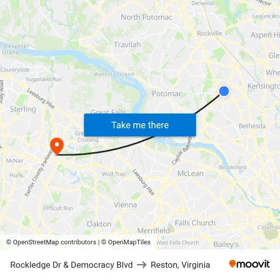 Rockledge Dr & Democracy Blvd to Reston, Virginia map