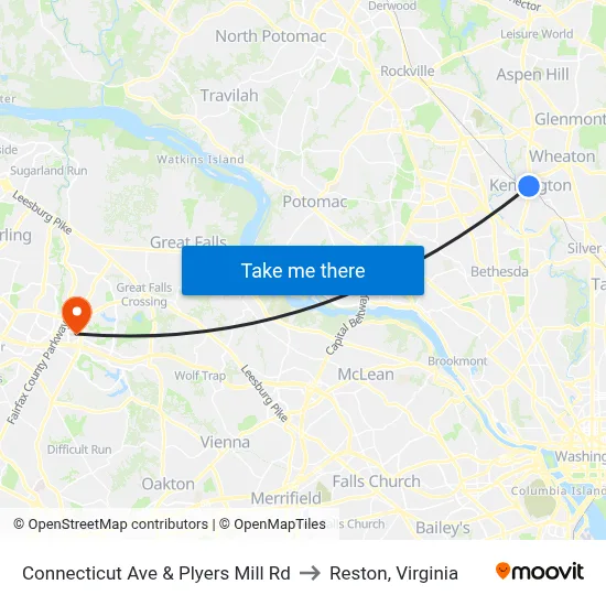 Connecticut Ave & Plyers Mill Rd to Reston, Virginia map