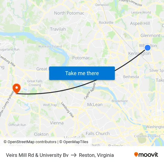 Veirs Mill Rd & University Bv to Reston, Virginia map