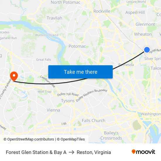 Forest Glen Station & Bay A to Reston, Virginia map