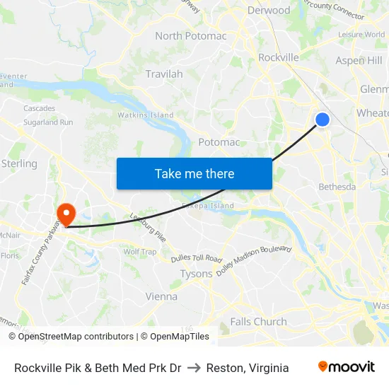 Rockville Pik & Beth Med Prk Dr to Reston, Virginia map