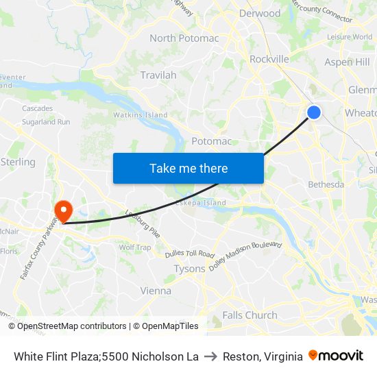 White Flint Plaza;5500 Nicholson La to Reston, Virginia map