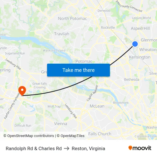 Randolph Rd & Charles Rd to Reston, Virginia map