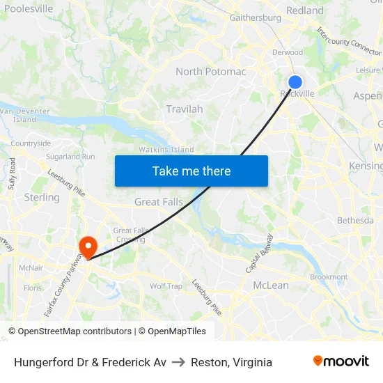 Hungerford Dr & Frederick Av to Reston, Virginia map