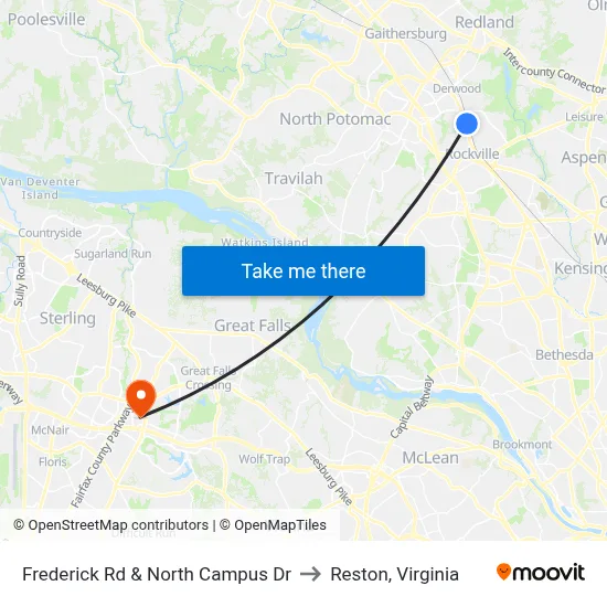 Frederick Rd & North Campus Dr to Reston, Virginia map