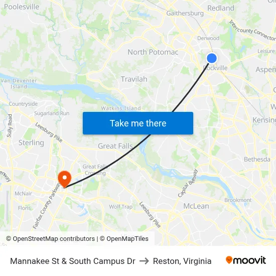 Mannakee St & South Campus Dr to Reston, Virginia map