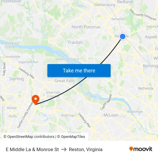 E Middle La & Monroe St to Reston, Virginia map
