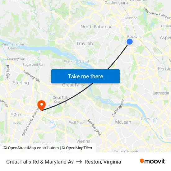 Great Falls Rd & Maryland Av to Reston, Virginia map
