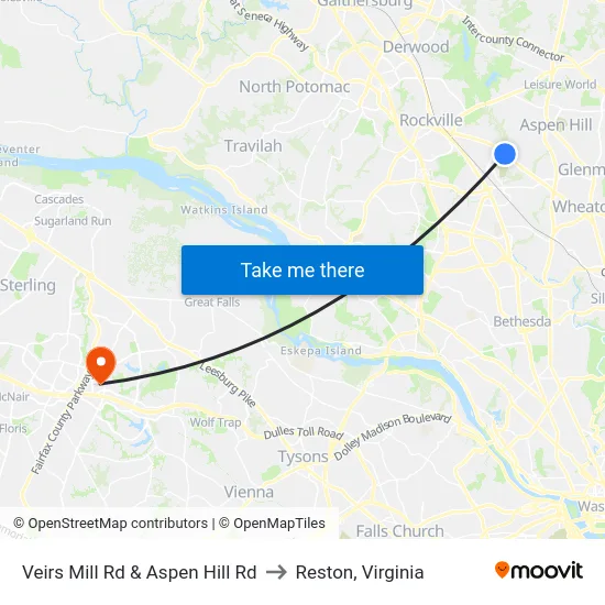 Veirs Mill Rd & Aspen Hill Rd to Reston, Virginia map